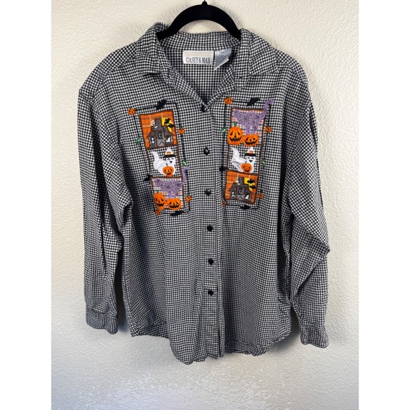 Casey & Max Tops - VTG Casey & Max Halloween Button Up Shirt Women Large Gingham Embroidered Spooky